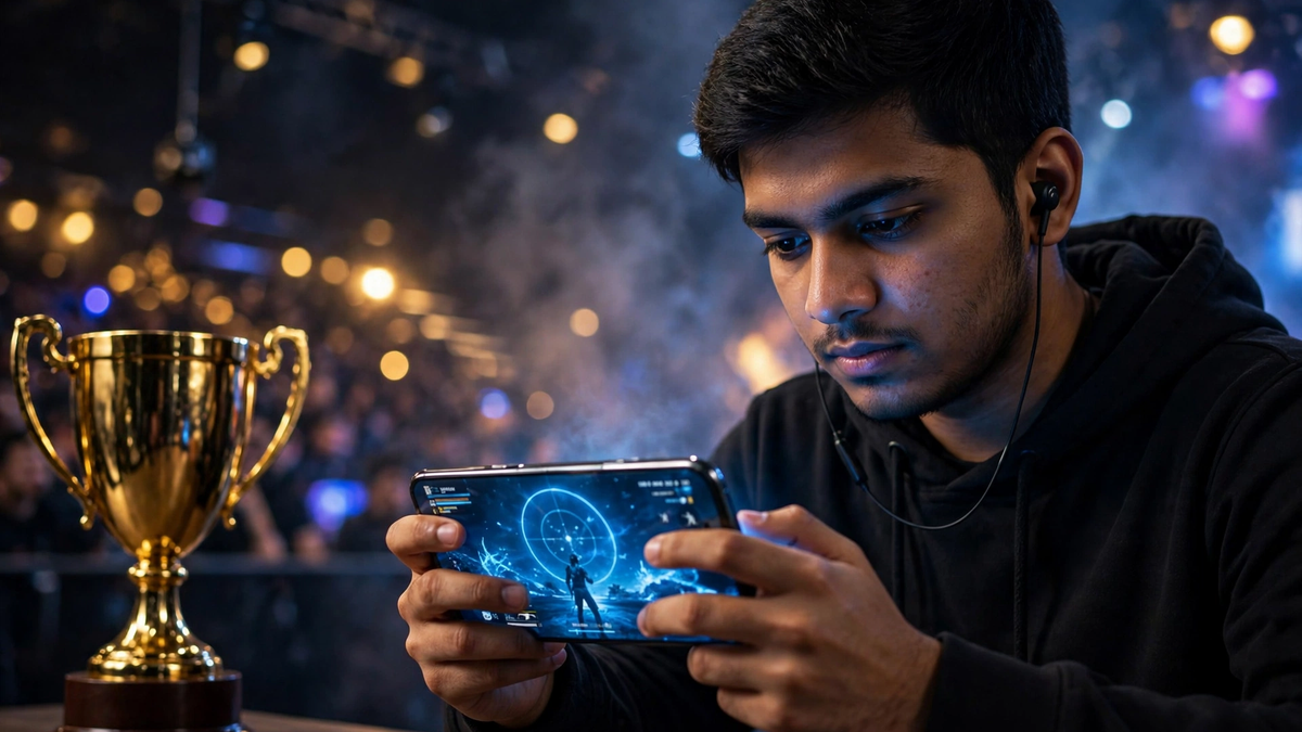 BGMI tournament se paise kaise kamaye — Battlin BGMI tournament: smartphone par battle royale khelta Indian gamer, saamne trophy.