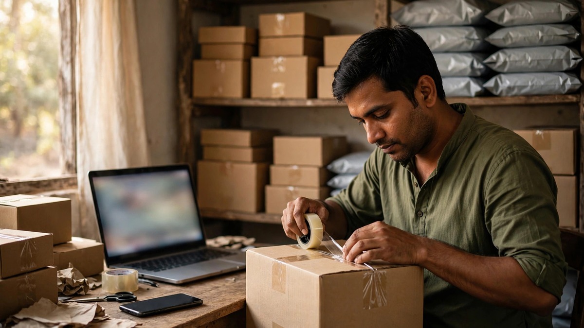 GST Council के फैसले के बाद warehouse में parcels pack करता छोटा e-commerce seller