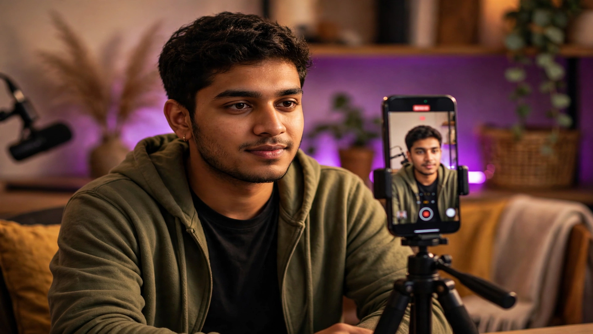 Instagram subscription se paise kamane wala Indian creator studio me video record karta hua