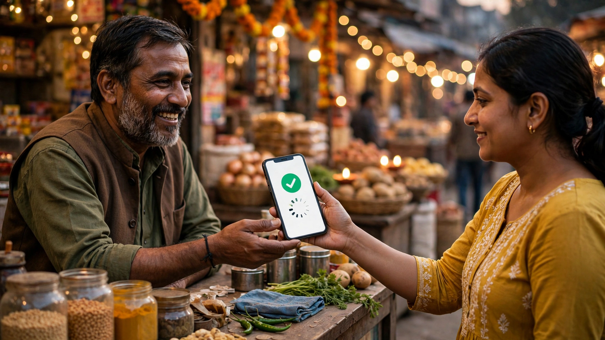 त्योहारी बाज़ार में UPI पेमेंट स्वीकार करता किराना दुकानदार