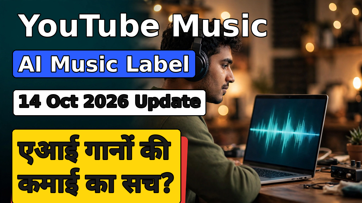 हेडफोन लगाए भारतीय म्यूज़िक क्रिएटर लैपटॉप पर AI म्यूज़िक लेबल अपडेट देख रहा है
