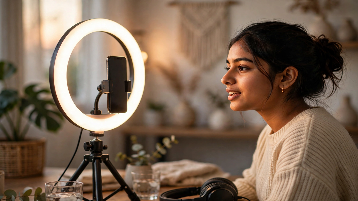 YouTube Shorts bonus program के लिए video बनाती हुई युवा Indian creator, ring light के सामने